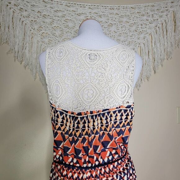 Lucky Brand Crochet Top Tie Waist Maxi Dress Blue Orange Size L Boho Summer - Picture 9 of 14